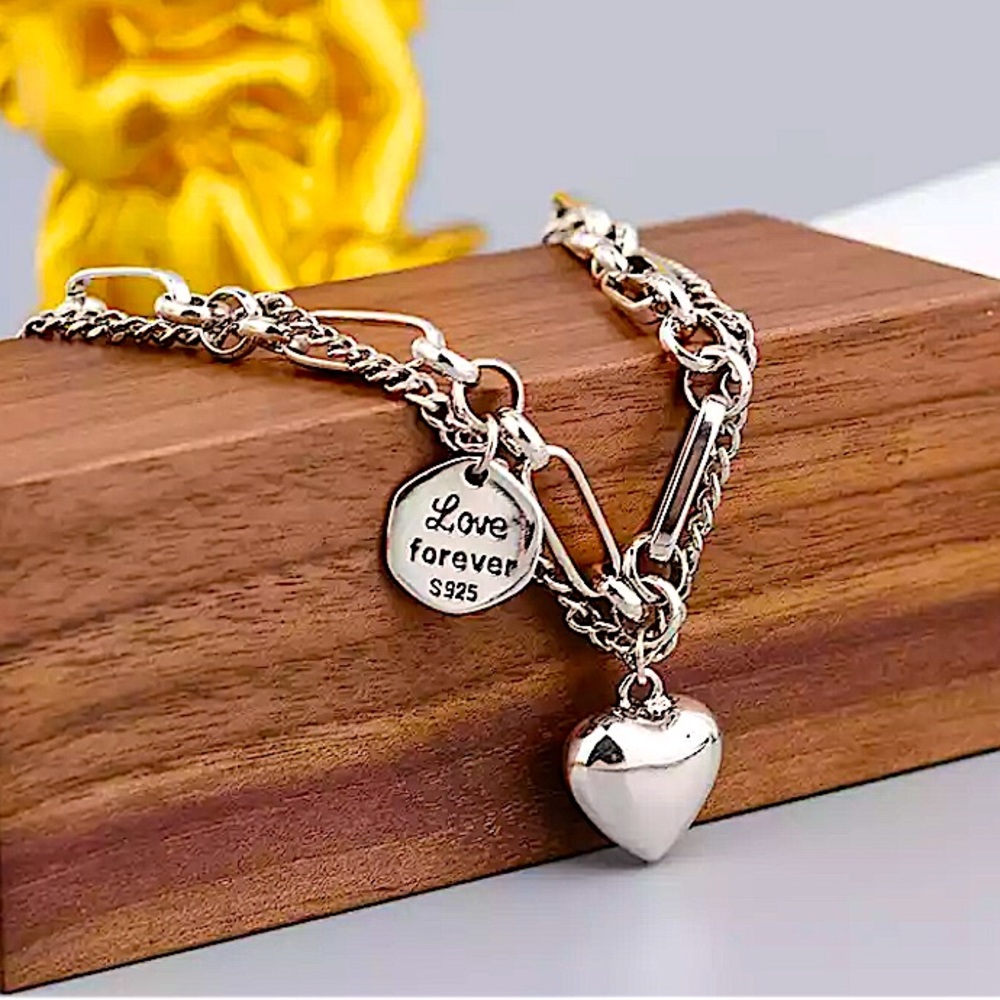 Sterling Silver Heart Charm Chain Link Bracelet